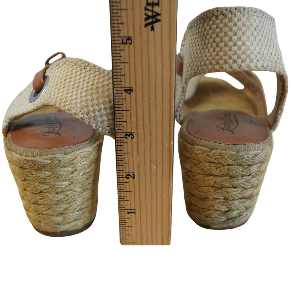Lucky Brand Espadrille Wedge Sandals Womens 8.5 Tan Jute Ankle Strap Boho Beachy